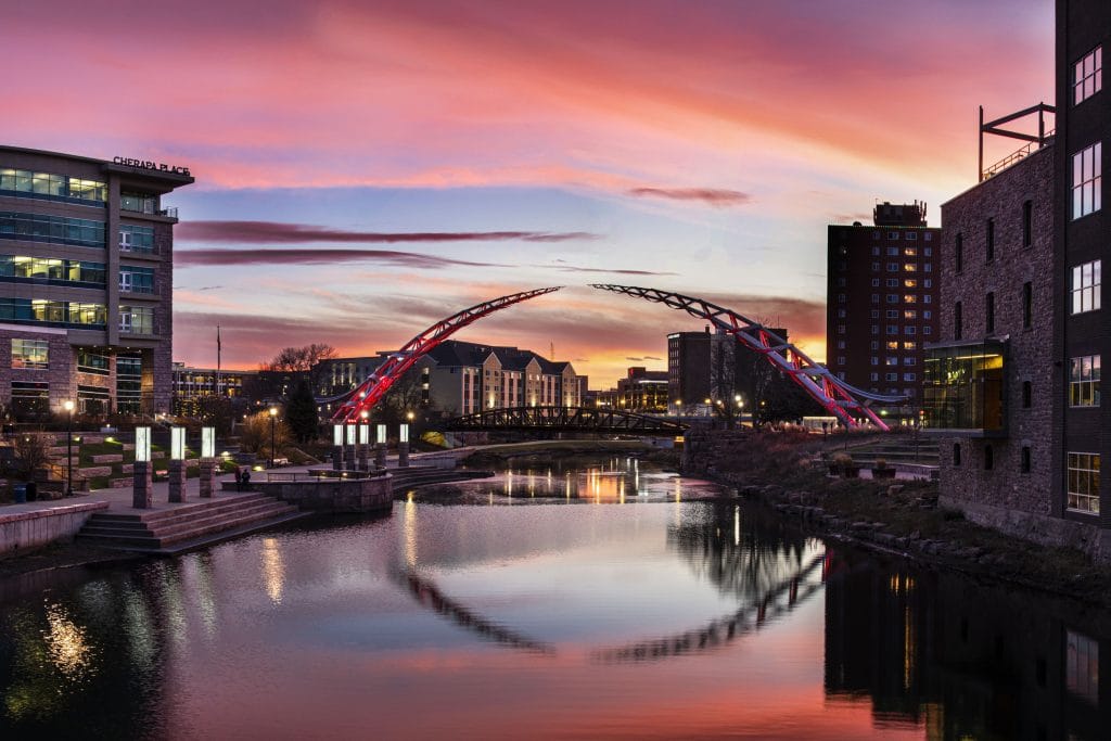 Sunset over the Arc of Dreams sculpture
